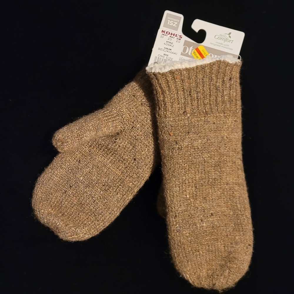 Isotoner Eco Comfort Oatmeal Knit Mittens with Fleece Lining, OS